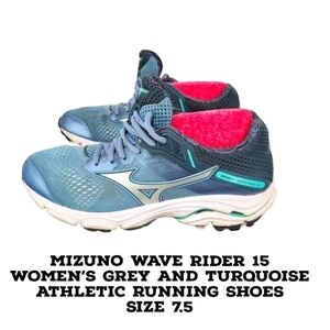 Mizuno Shoe Women's 7.5 Wave Rider 15 Grey Turquoise Athletic Running Sneakers